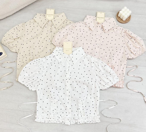 Polka Dot Collar Down Crop Tops